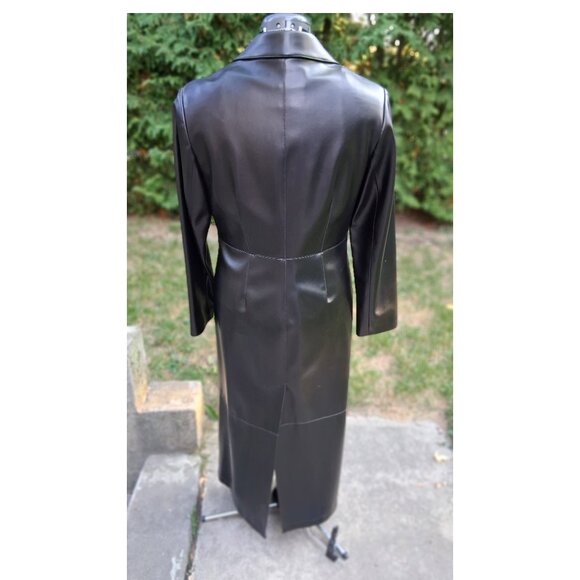 Gorgeous Long Floral Embroidered Black Faux Leather Coat Size 10 - Picture 7 of 9